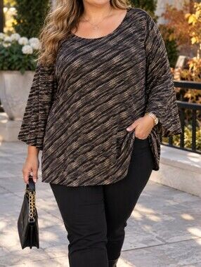 TanJay Plus Metallic Gold Diagonal Stripe Stretch Tunic Blouse Top Glam Holidays